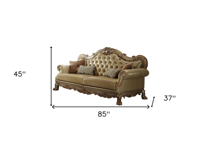 85" Bone Faux Leather Wood Sofa With Toss Pillows