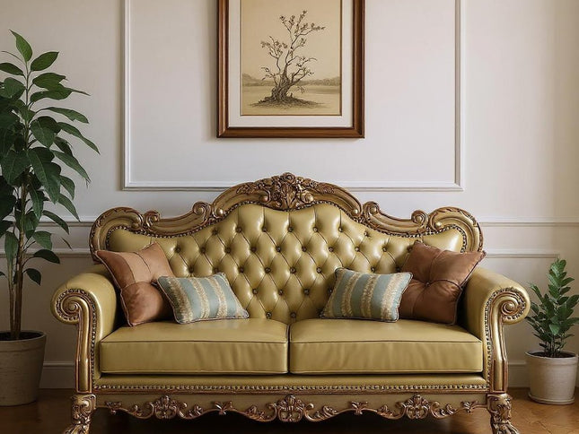 85" Bone Faux Leather Wood Sofa With Toss Pillows