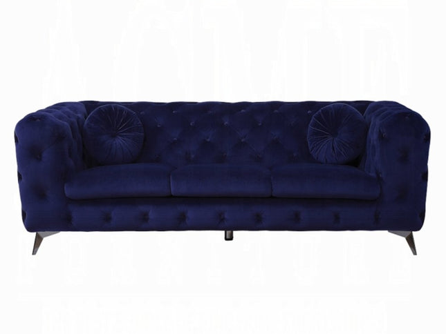 90" Blue Velvet Chesterfield Sofa With Silver Legs