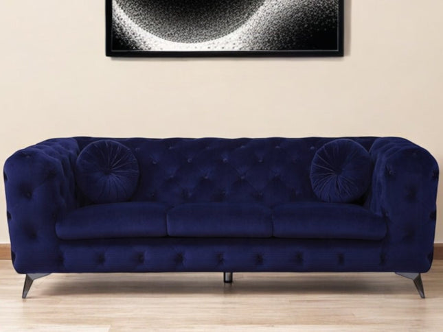 90" Blue Velvet Chesterfield Sofa With Silver Legs