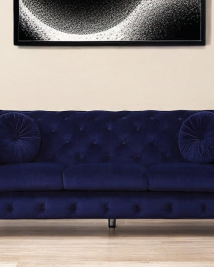 90" Blue Velvet Chesterfield Sofa With Silver Legs