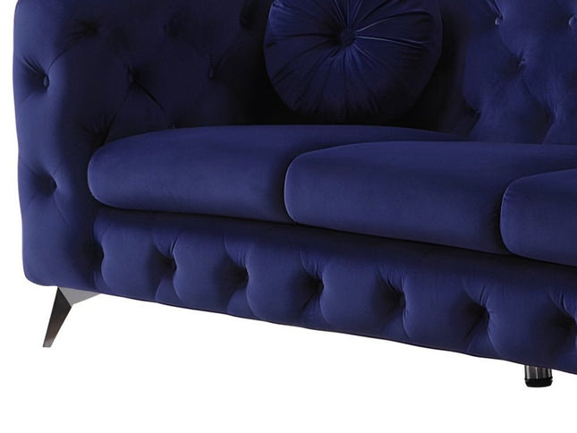 90" Blue Velvet Chesterfield Sofa With Silver Legs