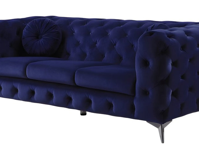 90" Blue Velvet Chesterfield Sofa With Silver Legs