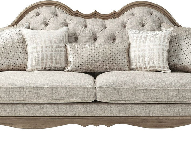 86" Brown And Beige Upholstered Solid Wood Sofa With Toss Pillows