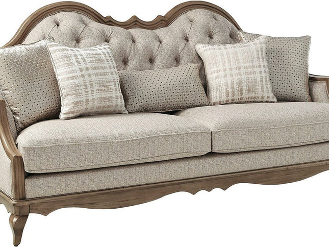 86" Brown And Beige Upholstered Solid Wood Sofa With Toss Pillows