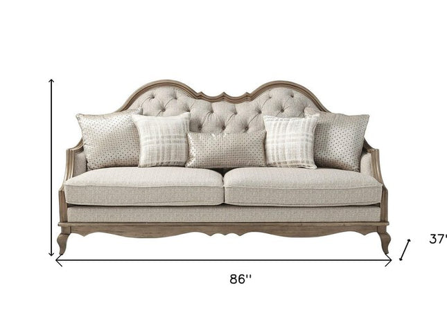 86" Brown And Beige Upholstered Solid Wood Sofa With Toss Pillows