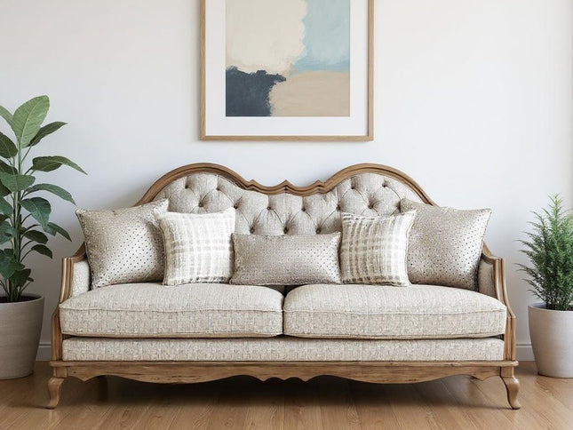 86" Brown And Beige Upholstered Solid Wood Sofa With Toss Pillows