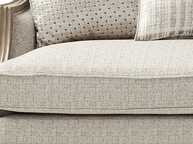 86" Brown And Beige Upholstered Solid Wood Sofa With Toss Pillows