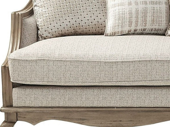 86" Brown And Beige Upholstered Solid Wood Sofa With Toss Pillows