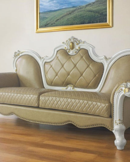 93" Golden Brown Faux Leather Sofa And Toss Pillows With Pearl Legs