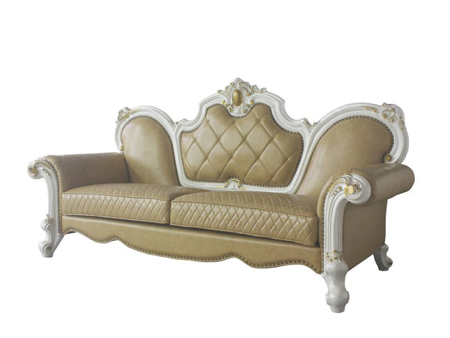 93" Golden Brown Faux Leather Sofa And Toss Pillows With Pearl Legs