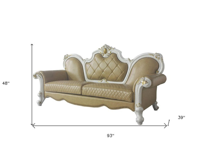 93" Golden Brown Faux Leather Sofa And Toss Pillows With Pearl Legs