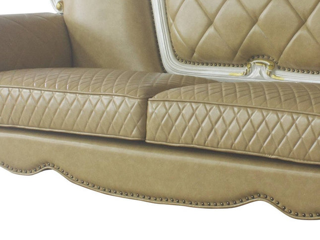 93" Golden Brown Faux Leather Sofa And Toss Pillows With Pearl Legs