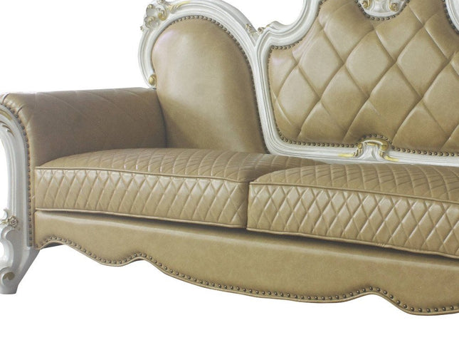 93" Golden Brown Faux Leather Sofa And Toss Pillows With Pearl Legs
