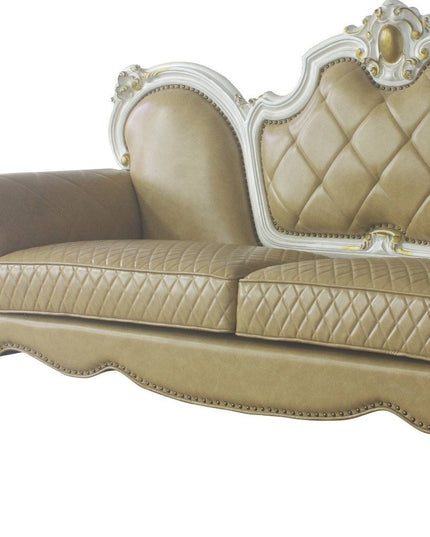 93" Golden Brown Faux Leather Sofa And Toss Pillows With Pearl Legs