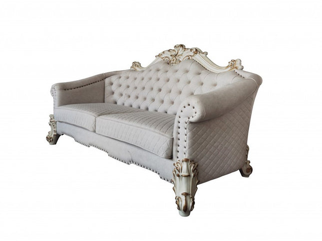 89" Ivory Velvet Sofa And Toss Pillows With Pearl Legs