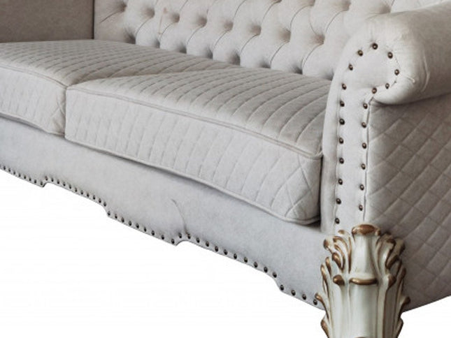89" Ivory Velvet Sofa And Toss Pillows With Pearl Legs