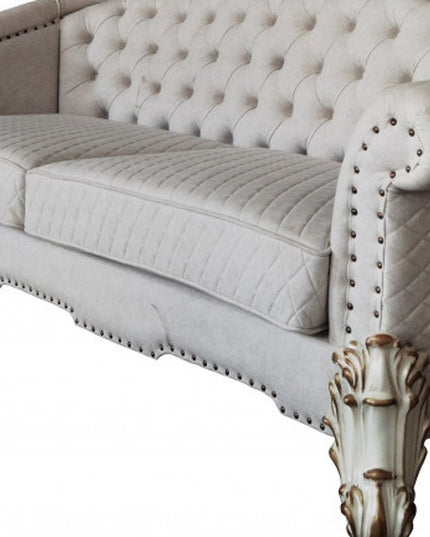 89" Ivory Velvet Sofa And Toss Pillows With Pearl Legs