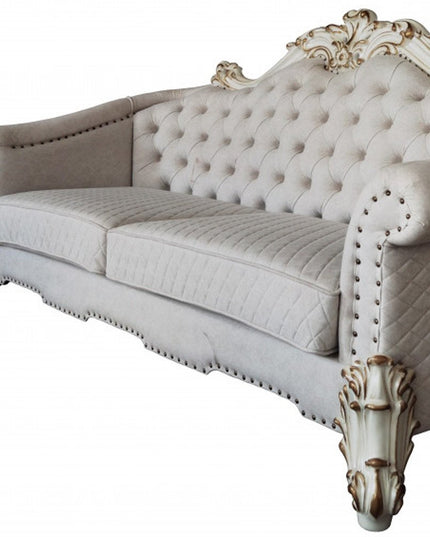 89" Ivory Velvet Sofa And Toss Pillows With Pearl Legs