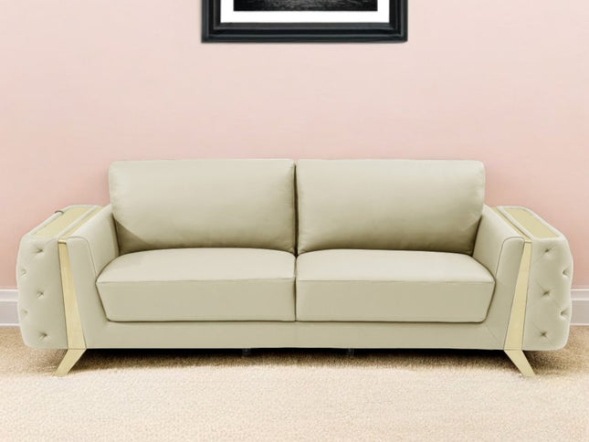 90" Beige Italian Leather Sofa With Gold Legs