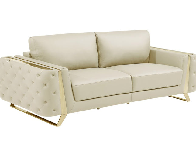 90" Beige Italian Leather Sofa With Gold Legs