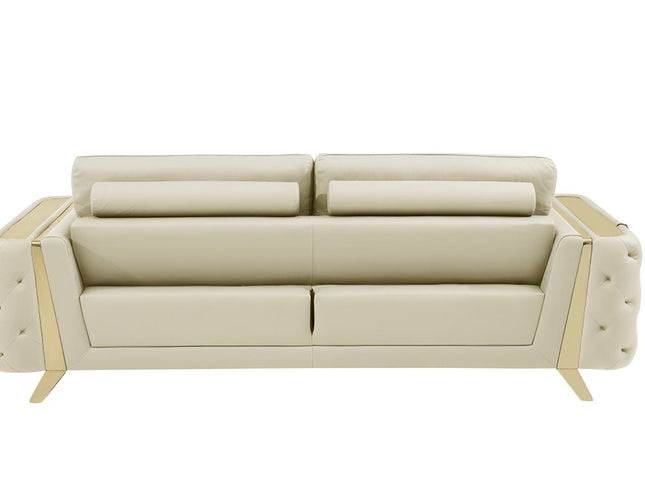 90" Beige Italian Leather Sofa With Gold Legs