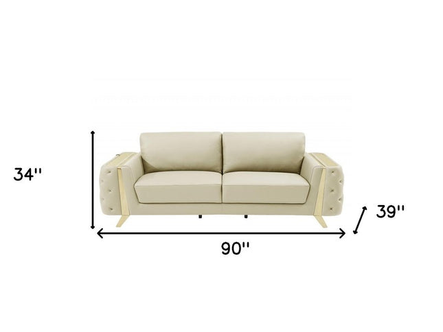 90" Beige Italian Leather Sofa With Gold Legs