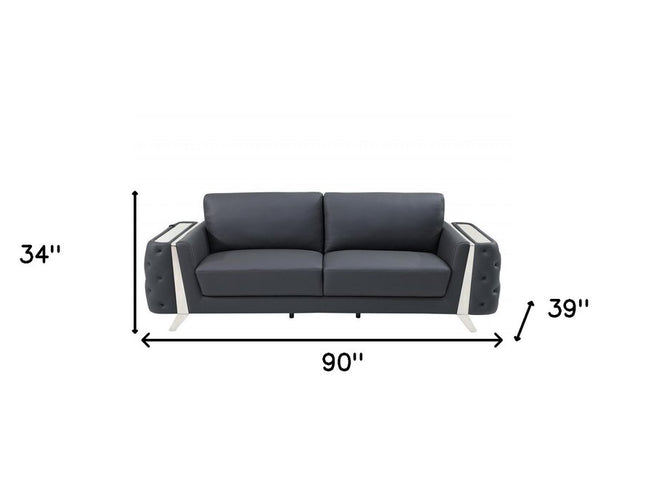 90" Gray Italian Leather Sofa With Silver Legs