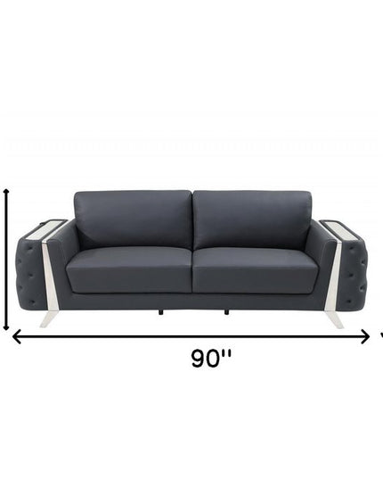 90" Gray Italian Leather Sofa With Silver Legs