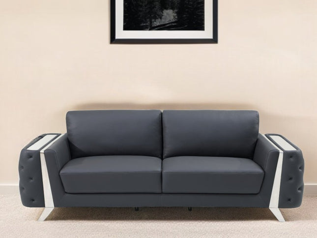 90" Gray Italian Leather Sofa With Silver Legs