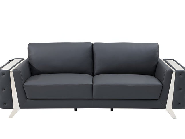 90" Gray Italian Leather Sofa With Silver Legs