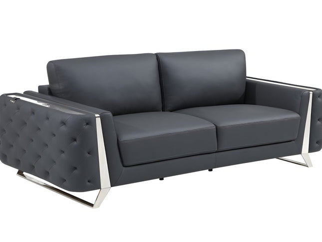 90" Gray Italian Leather Sofa With Silver Legs