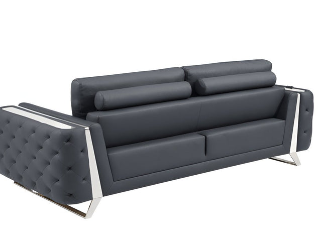 90" Gray Italian Leather Sofa With Silver Legs