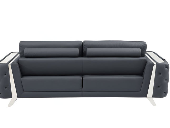 90" Gray Italian Leather Sofa With Silver Legs