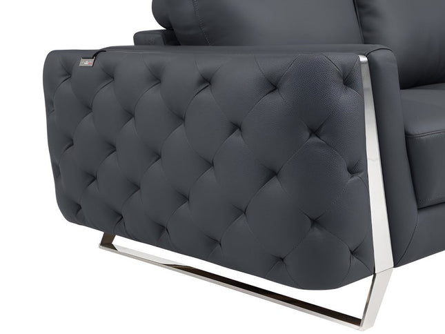 90" Gray Italian Leather Sofa With Silver Legs