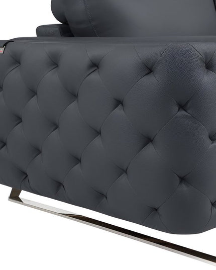 90" Gray Italian Leather Sofa With Silver Legs