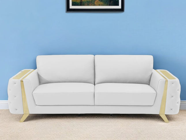 90" White Italian Leather Sofa With Gold Legs