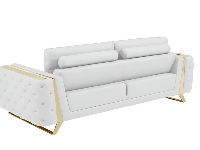 90" White Italian Leather Sofa With Gold Legs