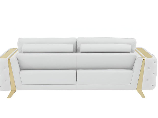 90" White Italian Leather Sofa With Gold Legs