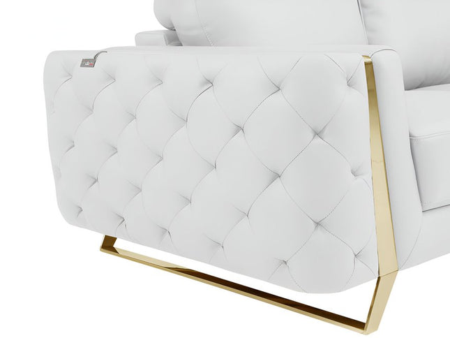 90" White Italian Leather Sofa With Gold Legs