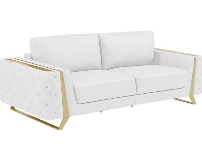 90" White Italian Leather Sofa With Gold Legs