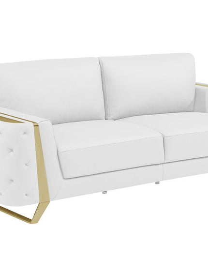 90" White Italian Leather Sofa With Gold Legs