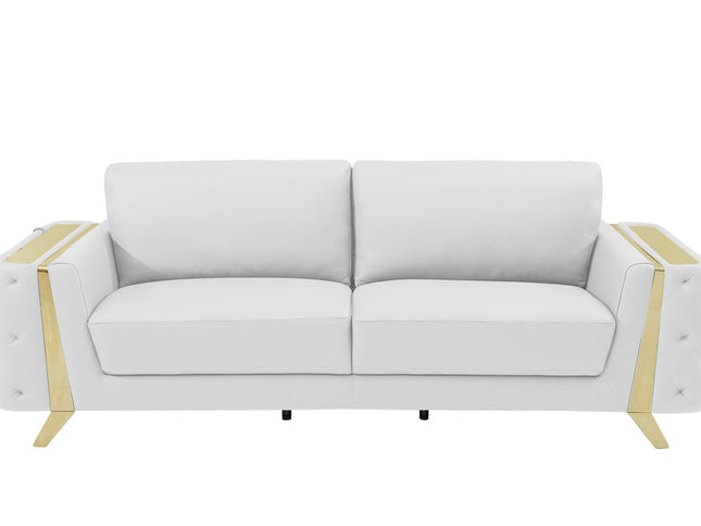 90" White Italian Leather Sofa With Gold Legs