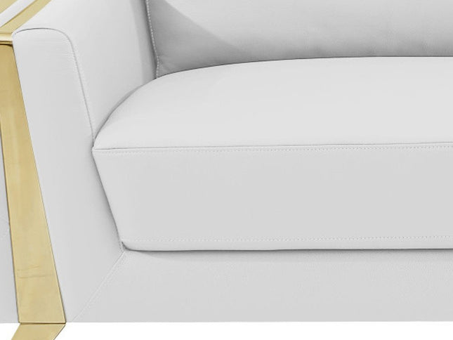 90" White Italian Leather Sofa With Gold Legs