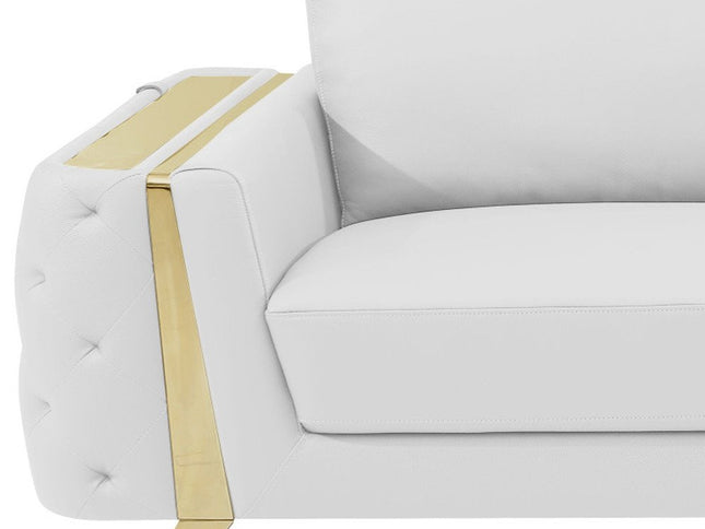 90" White Italian Leather Sofa With Gold Legs