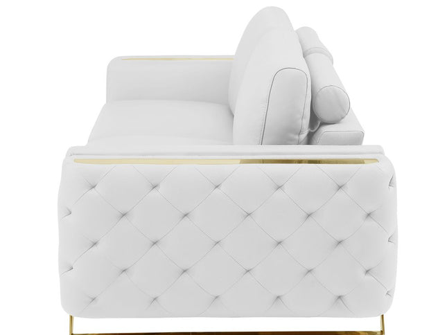 90" White Italian Leather Sofa With Gold Legs
