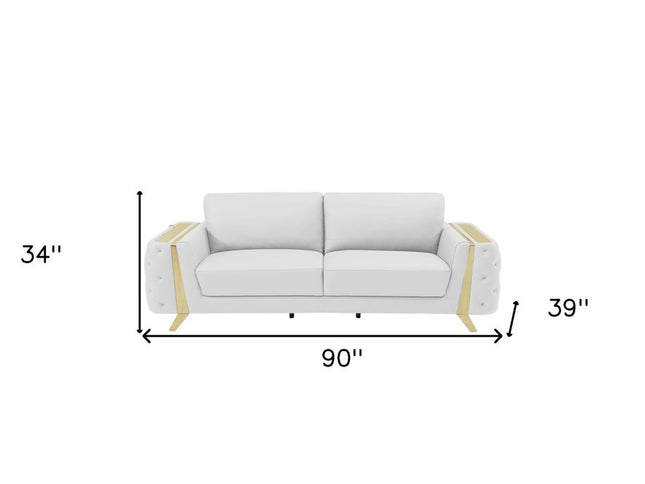 90" White Italian Leather Sofa With Gold Legs