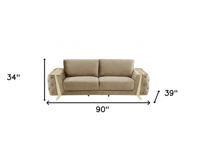 90" Beige Velvet Sofa With Gold Legs