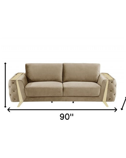 90" Beige Velvet Sofa With Gold Legs