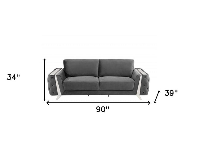 90" Gray Velvet Sofa With Silver Legs